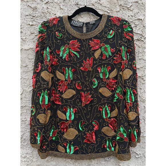 Vintage Jakelin Designs Beaded 100% Silk Holiday Top - Small - Picture 1 of 3